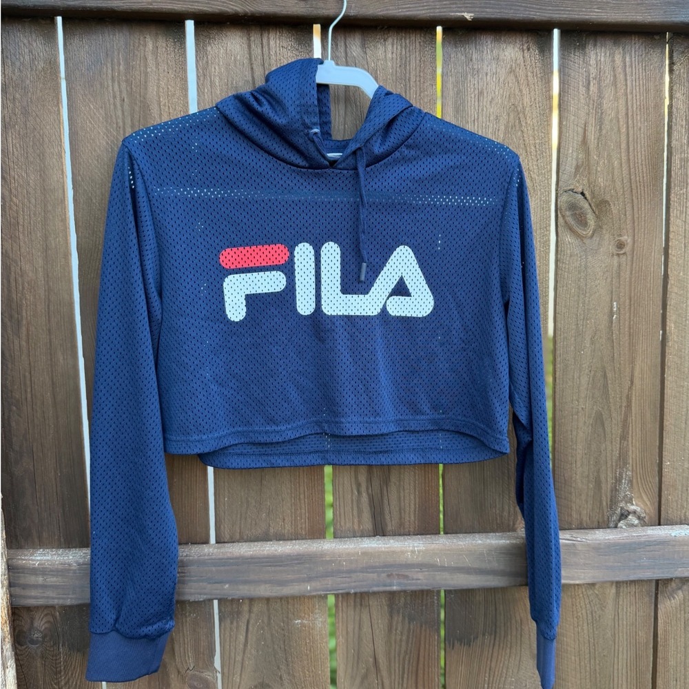 Fila Navy Blue Mesh Cropped Hoodie Womens Small Long Sleeve Activewear Top